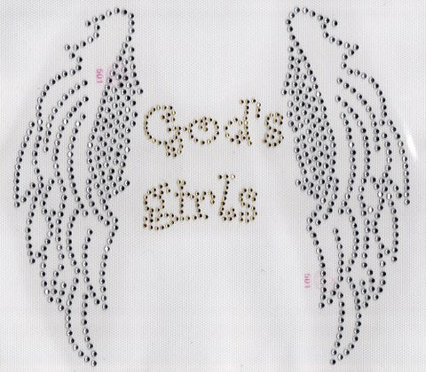 Angel Wings Gods Girls Iron On Hot Fix Rhinestone Transfer -- Clear, Gold
