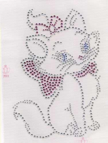 Cute Cat, Iron on Hot Fix Rhinestone Transfer - Clear, Hot Pink and Blue, 7.75" *5.5 "