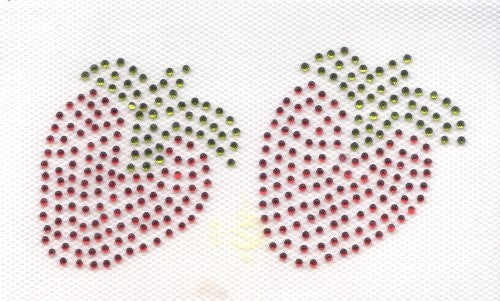 2 Red strawberries Iron On Hot Fix Transfer Rhinestone -- Green and Red
